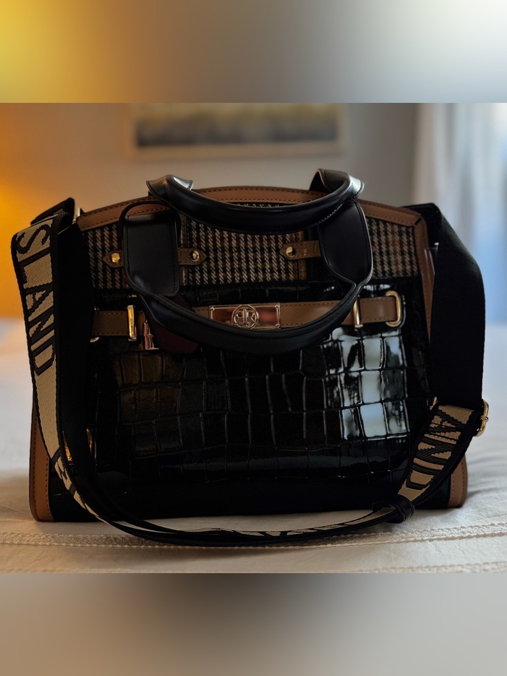 Structured River Island Black Patent Croc-Embossed Satchel with Brown Trim